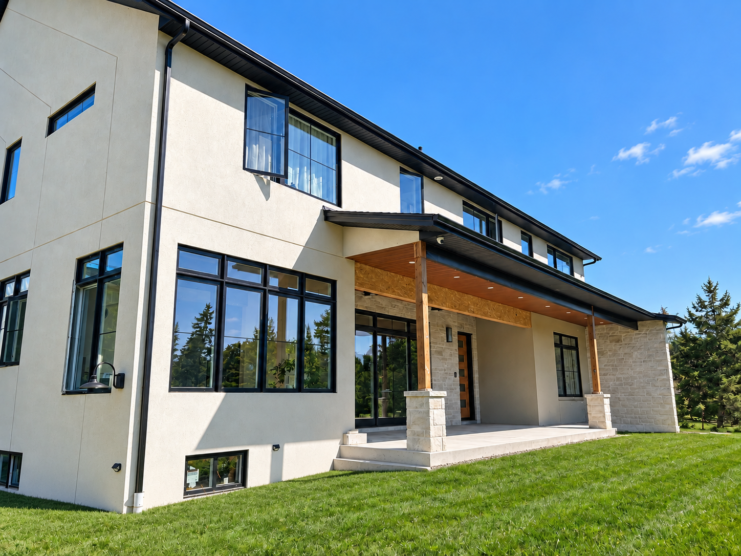 Rear exterior with covered porch and large windows